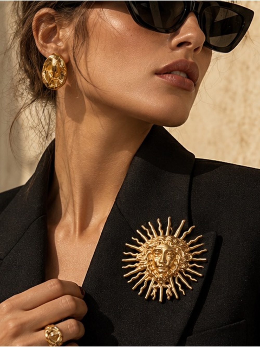 Luxury Gold Sun Face Brooch Sculptural Celestial Pin
